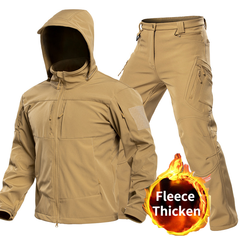 Outdoor Adventure Trips - 男性用アウトドアタクティカルソフトシェルスーツ フード付きフルジップジャケット カーゴパンツ 防風マルチポケットセット ハンティング・ハイキング・キャンプ用